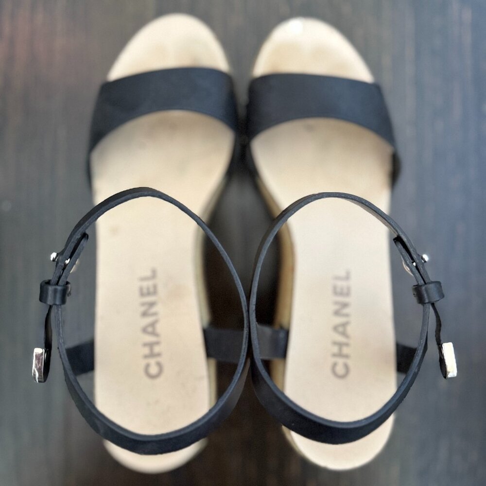 Chanel Black Leather Platform Wedge Sandals EU 37.5/ US 7.5 - Picture 4 of 4